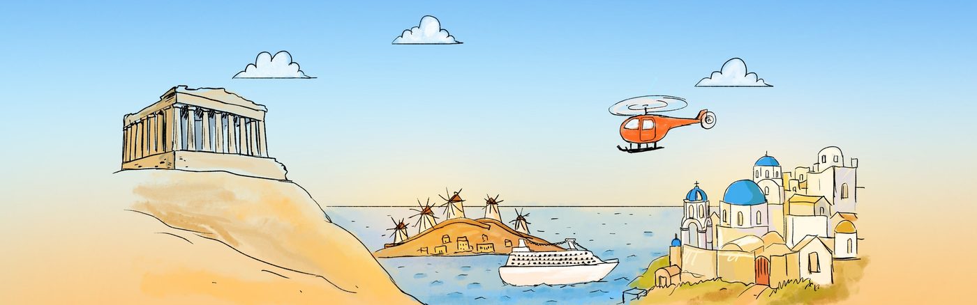 Illustration of the trip from Athens to Santorini: the Acropolis, Mykonos windmills, a cruise ship, a helicopter and a Santorini village