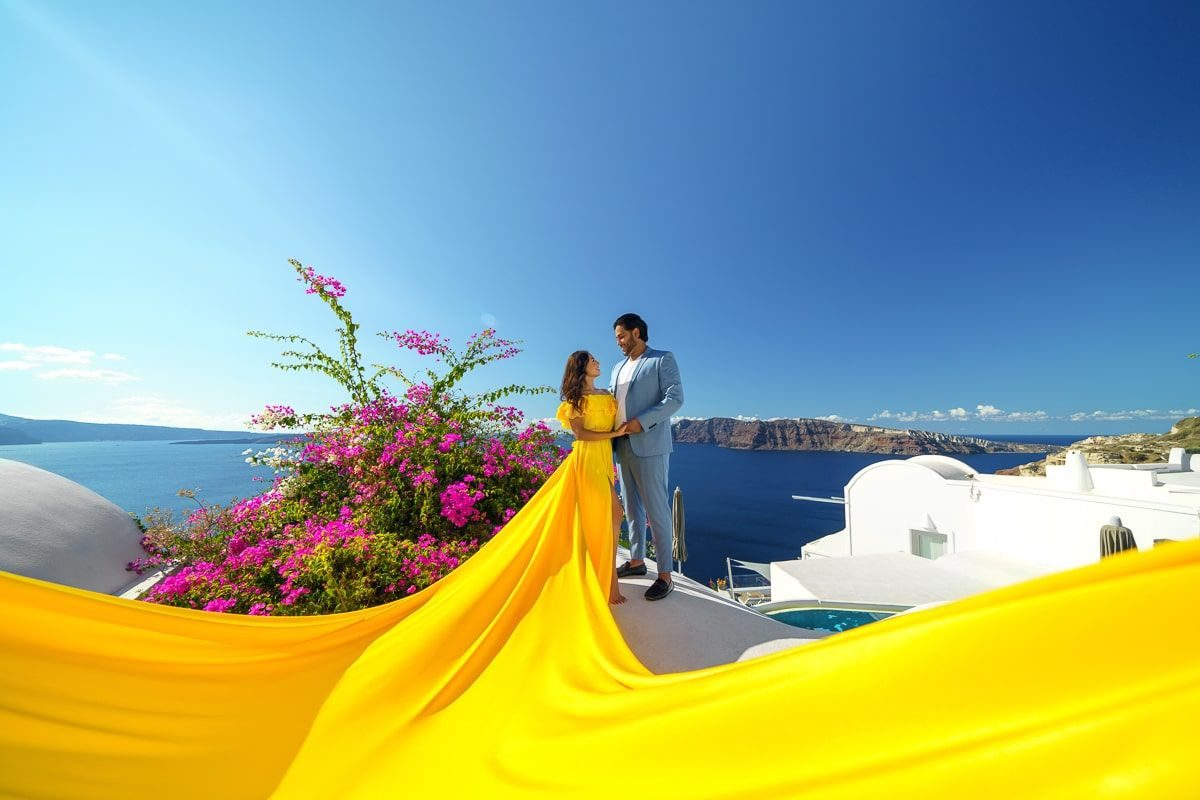 Morning flying dress photoshoot in Oia, Santorini