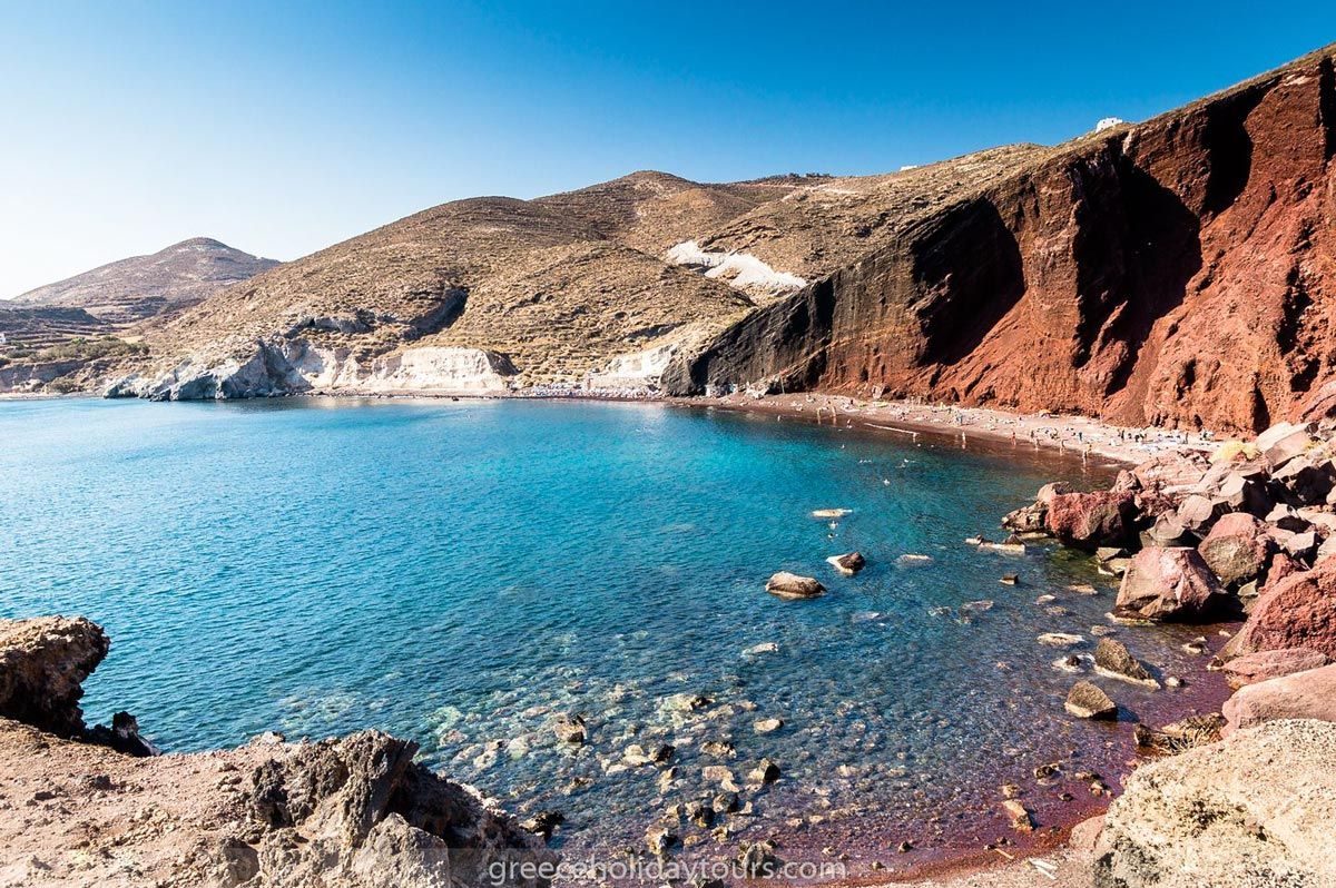Red Beach in Santorini, with red volcanic cliffs above the sea