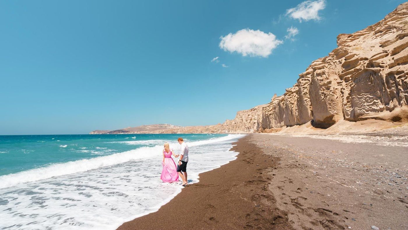 Vlychada black sand beach and its sculpted cliffs in Santorini